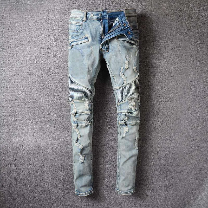 Man designers clothes 2021 High quality Men's Jeans Clothing zipper Pants Light Blue fashion Men Slim Denim Straight Biker Hole Hip Hop rock revival jean