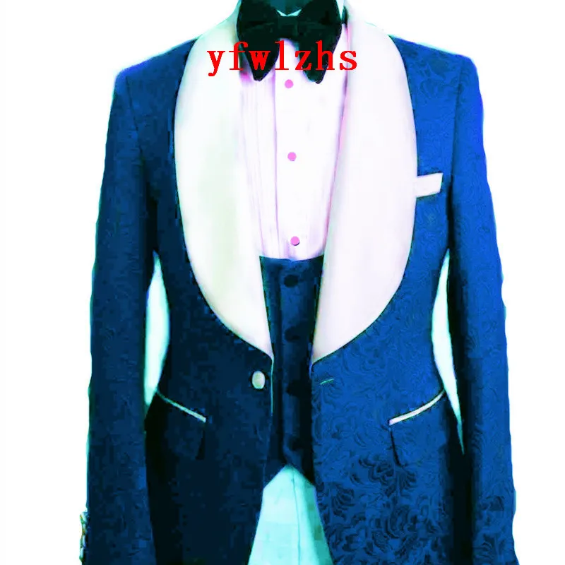 Custom-made Embossing Groomsmen Shawl Lapel Groom Tuxedos Men Suits Wedding/Prom/Dinner Man Blazer(Jacket+Pants+Tie+Vest) W816