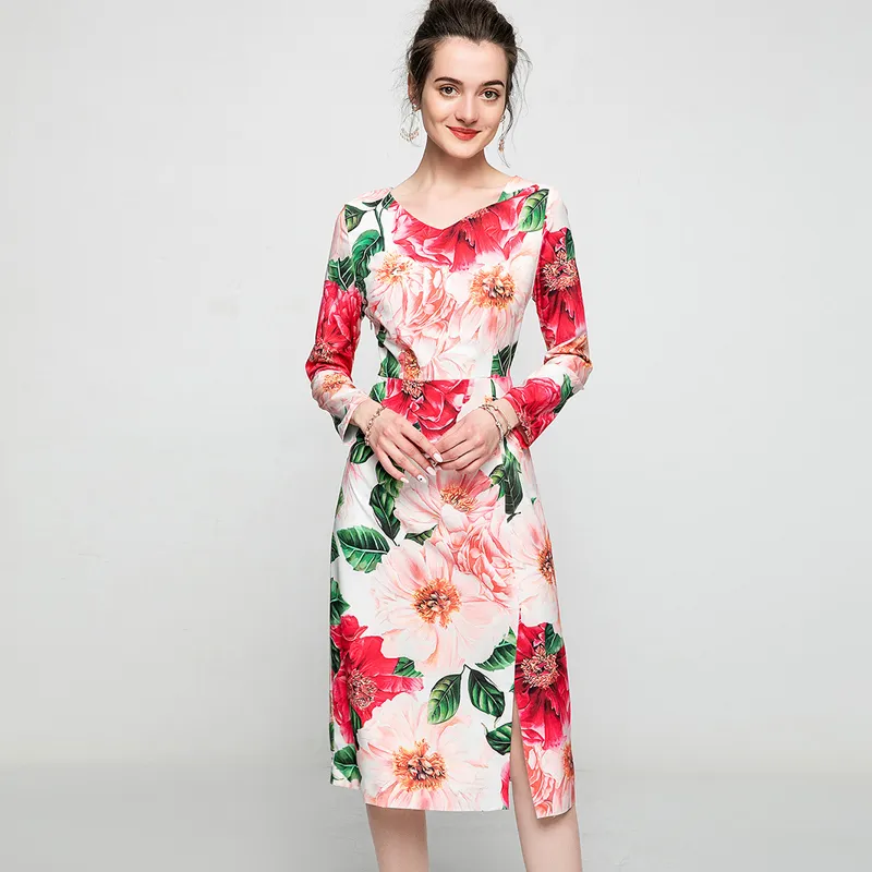 Women's Runway Dresses V Neck 3/4 Sleeves Floral Printed Sexy Split Fashion Elegant Autumn Pencil Dress Vestidos