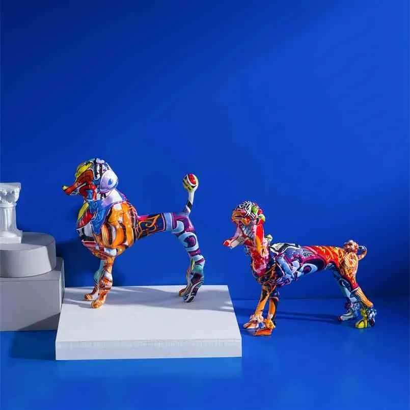 クリエイティブカラー2pcs /セット塗装落書きプードルアート犬の装飾ホームエントランスワイン内閣オフィスの装飾樹脂工芸品210924