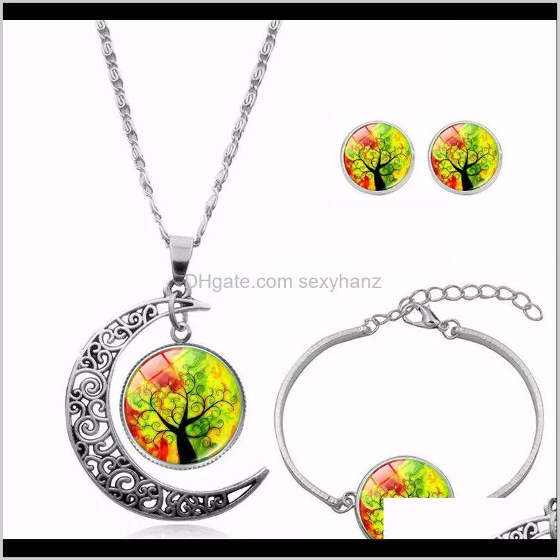 tree of life necklace bracelet stud earrings jewelry sets glass cabochon necklace chains fashion jewelry for women kids ship