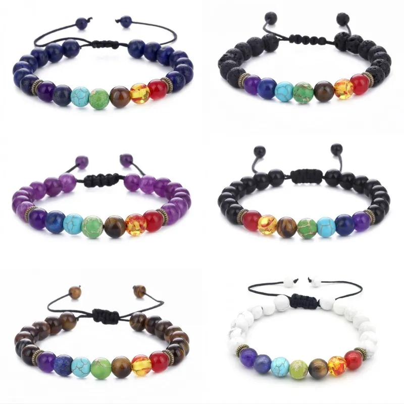 7 chakra armband män kvinnor svart naturlig lava sten yoga pärlor arom armband justerbar väv rep bangle smycken kimter-b739s fz