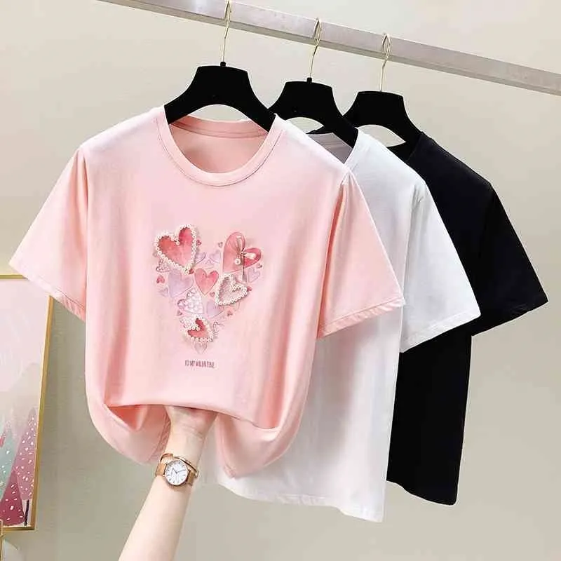 Été Harajuku t-shirt femmes mode coréenne t-shirt filles à manches courtes perles amour impression t-shirt Femme hauts rose 210604