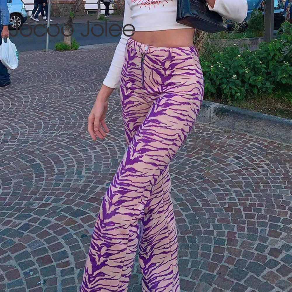 Jocoo Jolee Femmes Printemps Automne Sexy Taille Haute Motif Animal Zipper Street Style Flare Pantalon Patchwork Hit Couleur Pantalon 210619