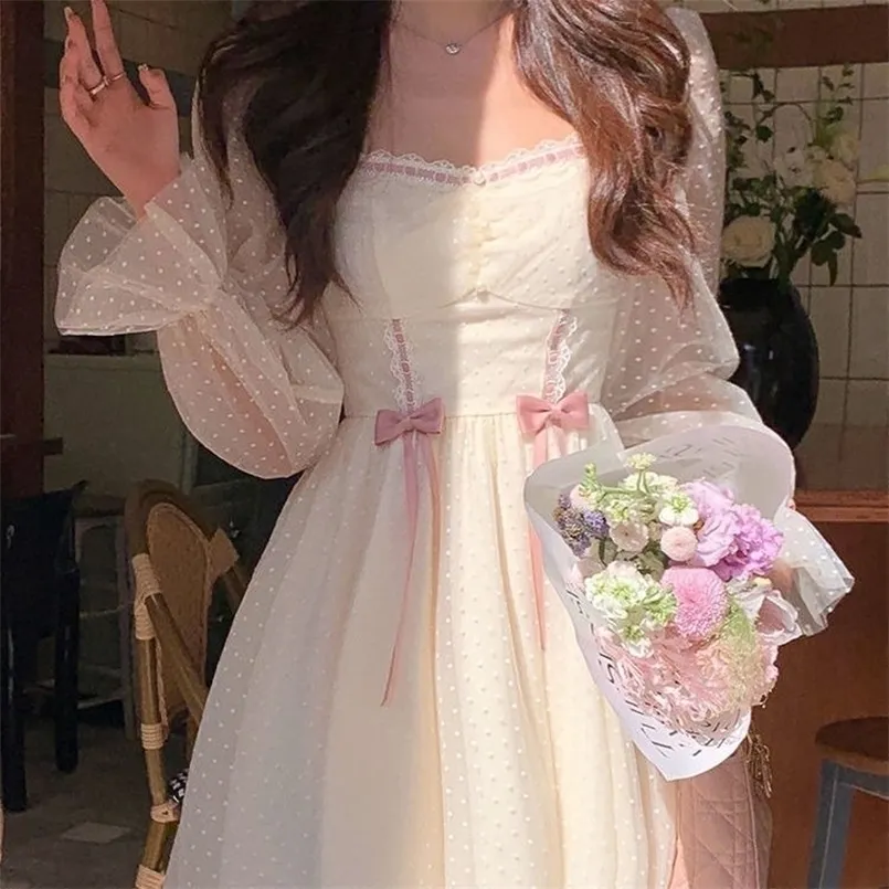 Jesień Elegancka księżniczka Dres Sweet Dot Party Długą Rękaw Wróżka Dress Kobieta Dorywczo Vintage Koreański Kawaii Mini Dress 220311