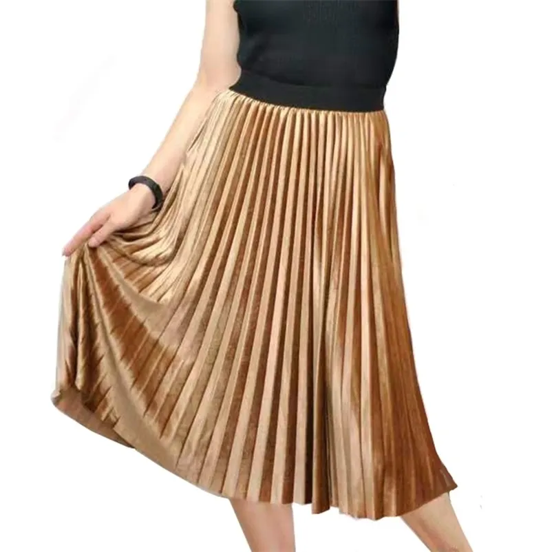 Зимняя осень высокая талия юбка тощий женский бархат длинные плиссированные корейские дамы Harajuku Vintage 210621