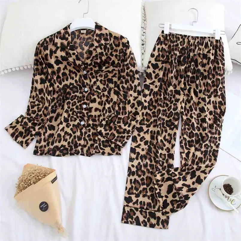 10Color Lounge Set Silk Top Pants Leopard Full Sleeve Andningsbar Pajamas kostym för kvinnlig pyjamas Sleepwear Nightwear 210809