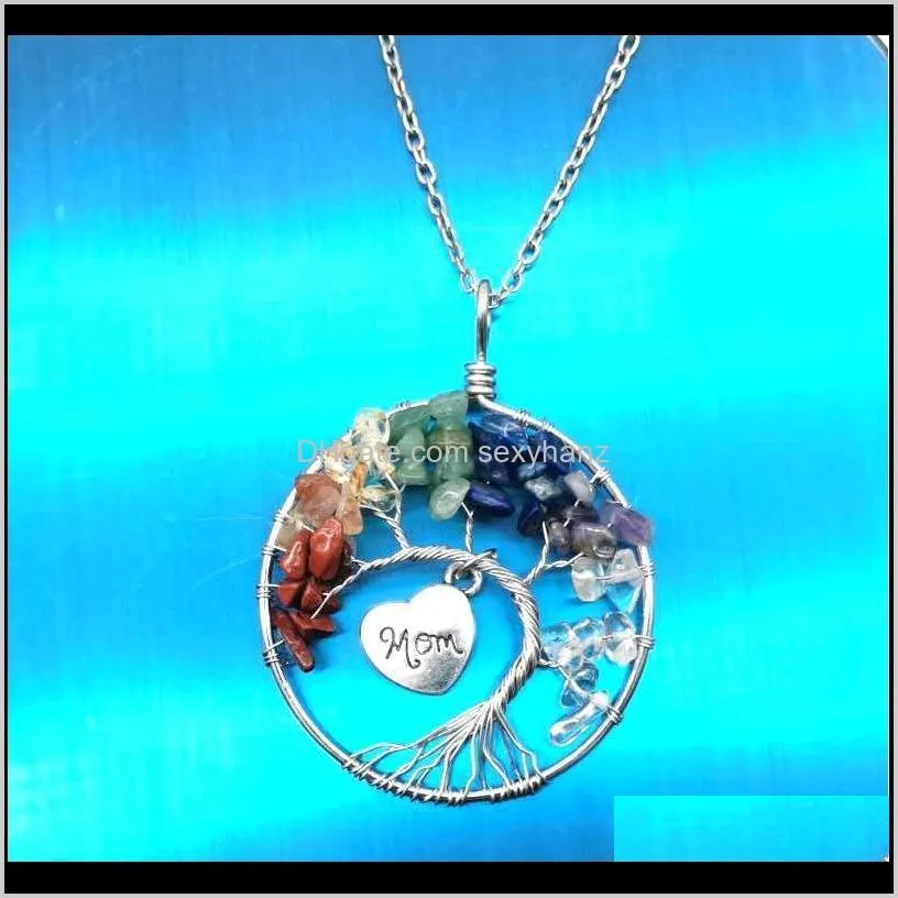 100% handmade wrapped natural stones crystal tree of life pendant necklace women men heart engraved letter family jewel qylozh