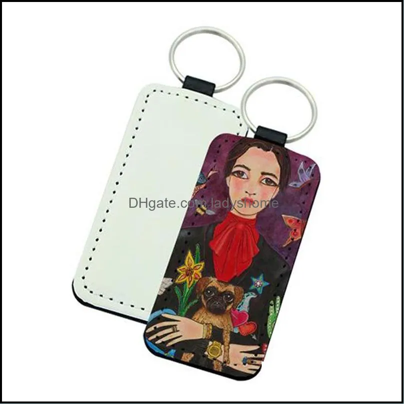 Sublimation Blank PU Leather Keychain Pendant Stainless Steel Key Ring Heat Transfer DIY Keychains Creative Decoration Gift HWF7356