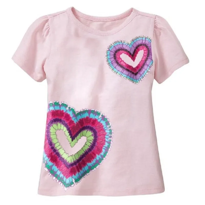 Pink Heart Shiny Baby Girls Clothes Summer T-Shirts for children Tops 100% Cotton 210413