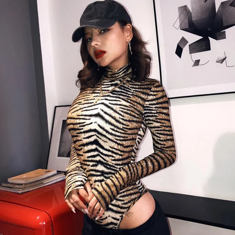 Fleur Ahşap Balıkçı Yaka Bodysuit Kadınlar Leopar Seksi Sıska Uzun Kollu Tulumlar Bayanlar Ince Sonbahar Sıkı Sheer Bodysuits Bayan Tulum