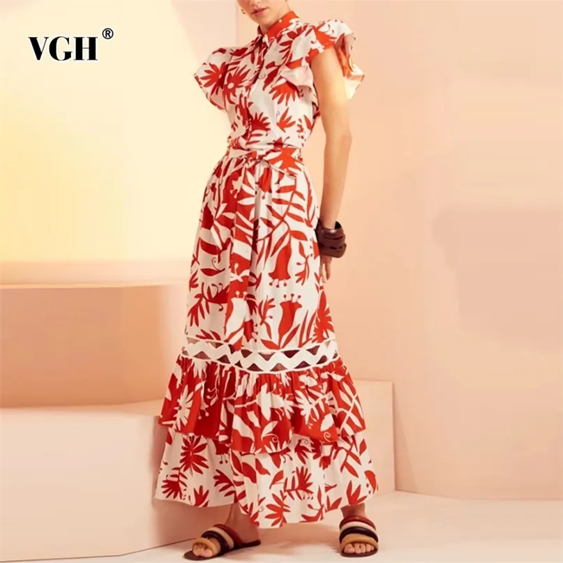 Vintage Print Hit Color Ruffle Dress for Women Stand Collar Kortärmad Hög midja Hollow Out Maxi Klänningar Kvinnor 210531