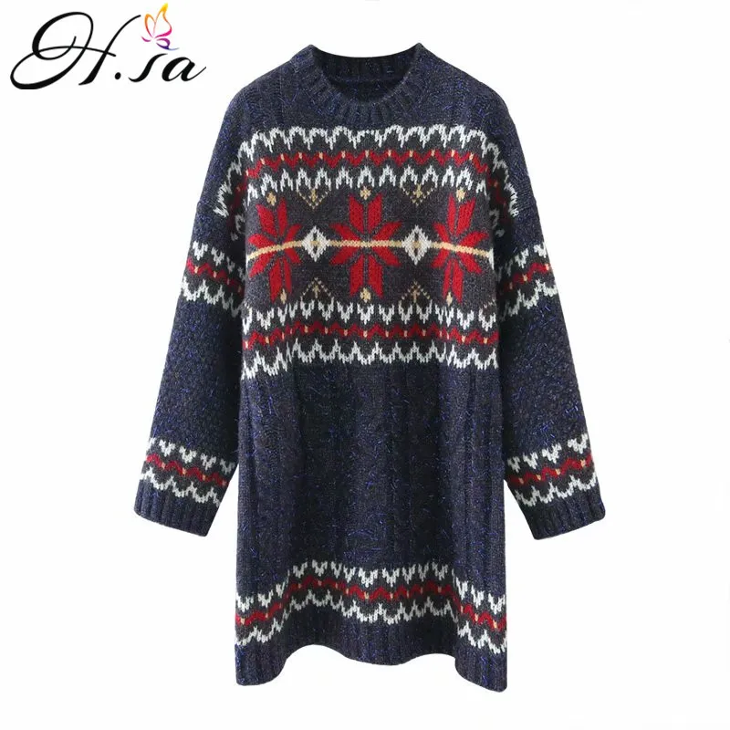 H.SA Vêtements d'hiver Femmes Pull long surdimensionné pour Noël laid Rétro Vintage Flocon de neige Argyle Jumpers 210417