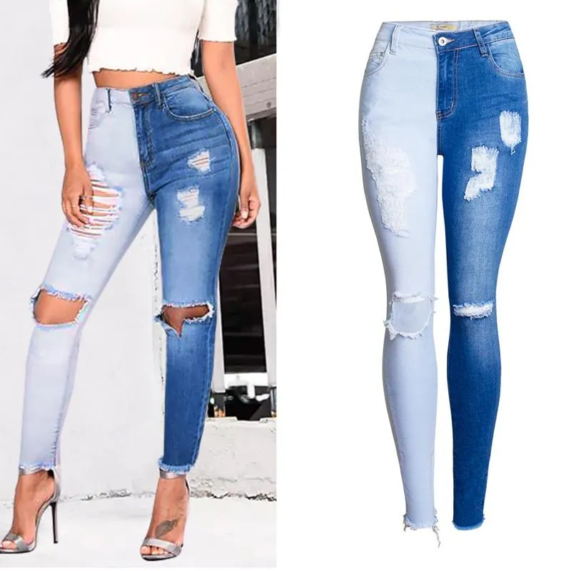 Женские джинсы 2021 летняя мода прилив синяя высокая талия пэчворк хитрый цвет двух цветов дизайнер женщина прямые брюки карандаш