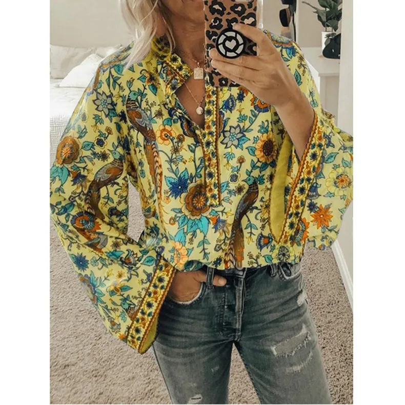 5XL Più Il Formato 2020 Primavera Nuove Donne di Modo Manica Lunga Stampa Floreale Allentato Camicetta di Chiffon Camicette Casual Magliette E Camicette Camicette Blusas X0521