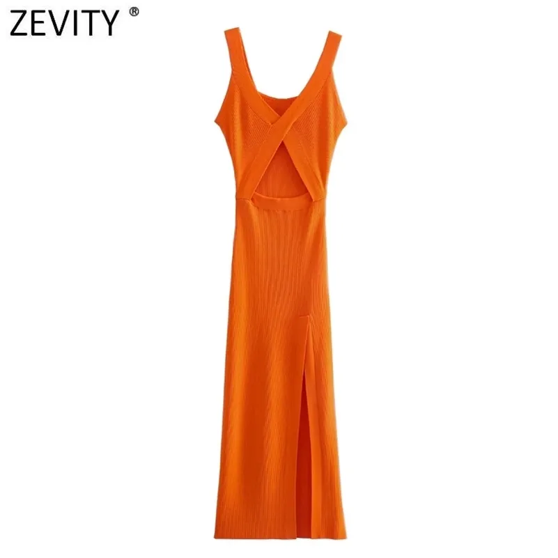 Zevity Women Sexy Deep V Neck Hollow Out Design Split Stickning Midi Dress Kvinna Slim Club Wear Vestido Sommarklänningar DS8373 210630