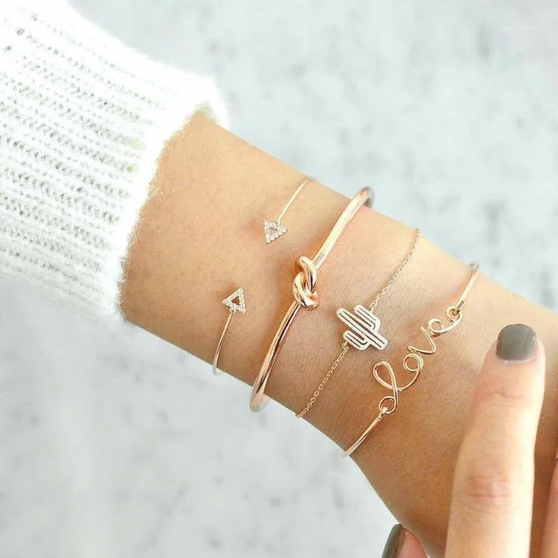 PC / Set Vintage Cactus Brev Kärlek Knot Kristall Triangel Armband Set Kvinnor Charm Party Bröllop Smycken Tillbehör Bangle