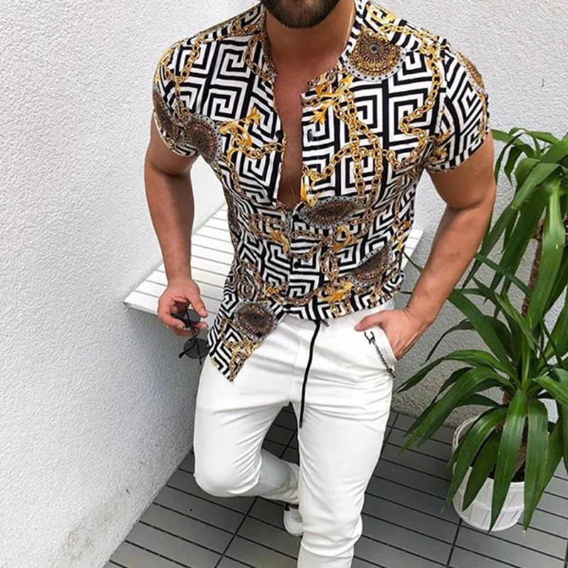 Summer Men Vintage Print Blouse Shirts Fashion Casual Short Sleeves Printed Shirts Plus size Blouses