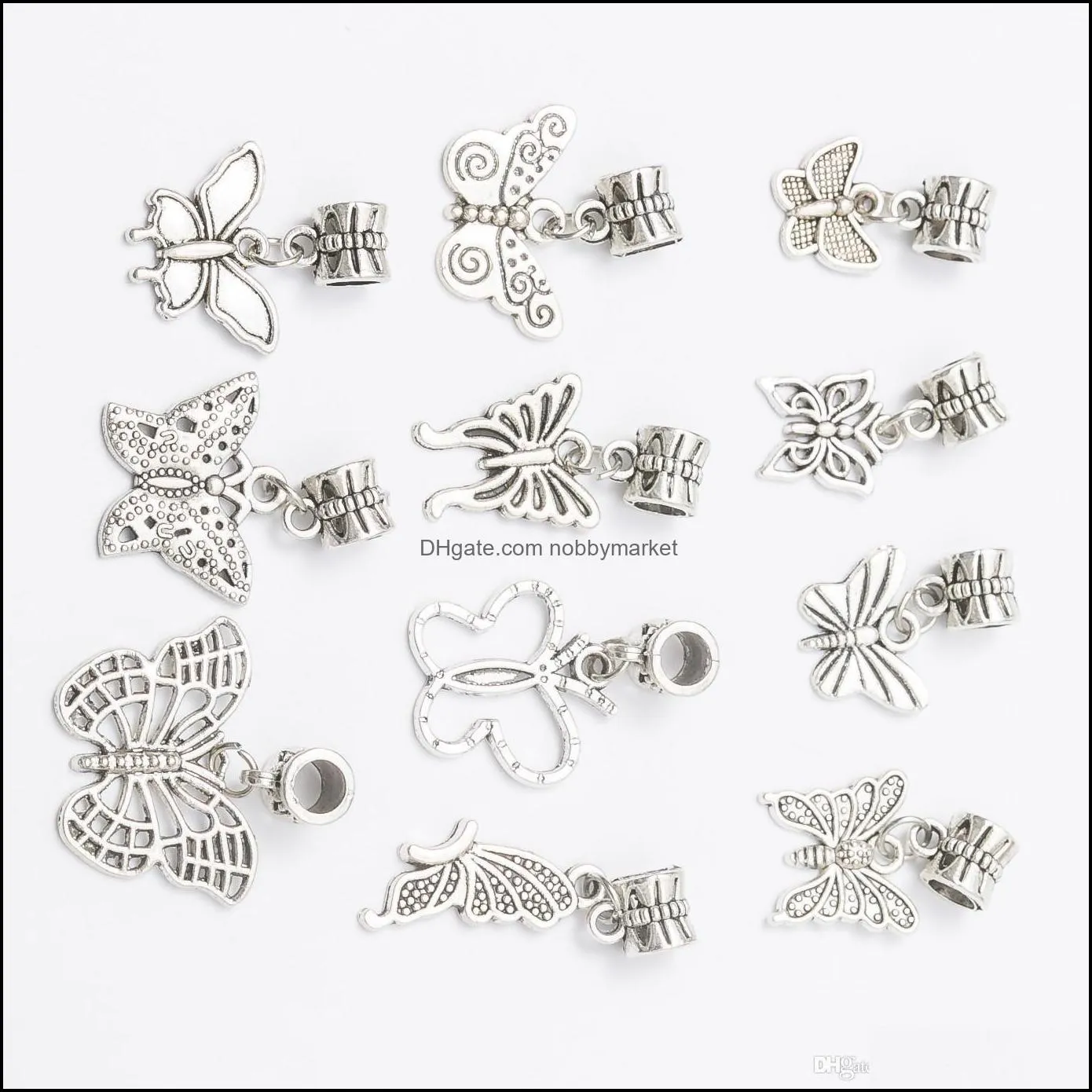 100pcs/lot 11styles Butterfly Dangle Big Hole Beads Tibetan Silver Fit European Charm Bracelet Loose Bead DIY Metals