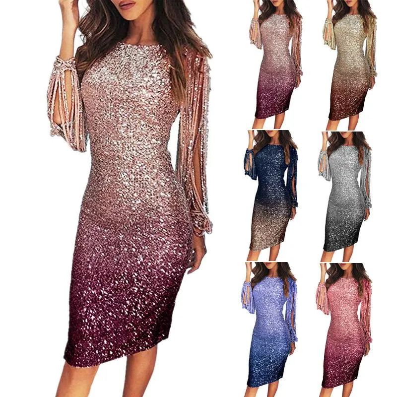 Casual Dresses Summer Women Club Wear Långärmad Party Western Style Sequins Tassel Dinner Dress V-Neck Sexig Split Pencil