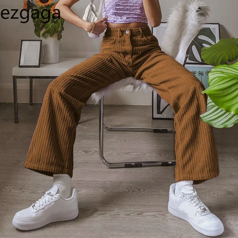 Ezgaga streetwear corredor calças mulheres moda outono novo corduroio cintura alta calças longa sólido macio macio pantalon femme 210430