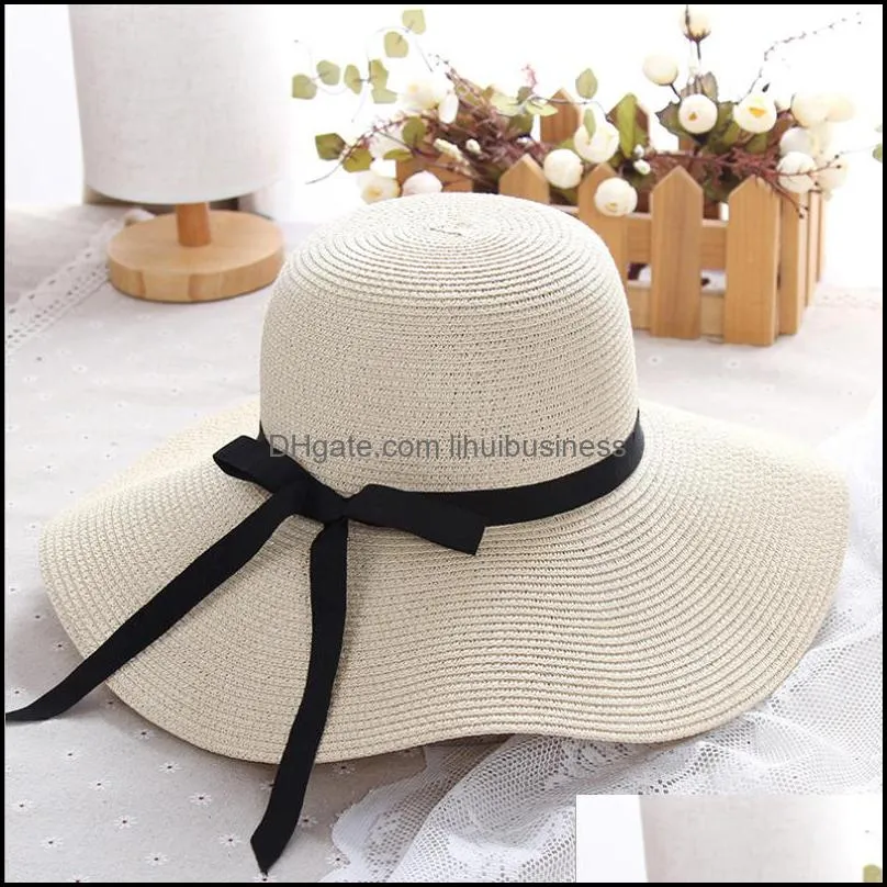 simple Foldable Wide Brim Floppy Girls Straw Hat Sun Hat Beach Women Summer Hat UV Protect Travel Cap Lady Cap Female C0305 Y0910