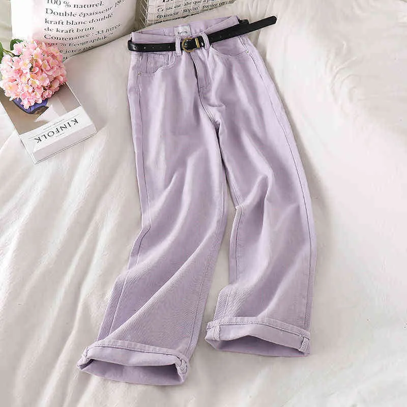 Pojkvän Jeans för kvinnor Casual Loose Purple Denim Mom Spring High Waist Wide Leg Full Jean Kvinna Byxor 211129