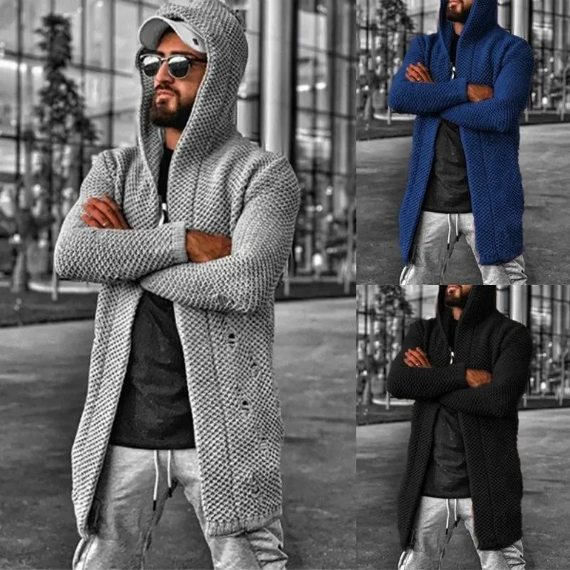 Camisolas masculinas Cardigan Cardigan Camisola Homens Hip Hop Casaco Cor Sólida Outono Casual Moda Roupa de malha com capuz