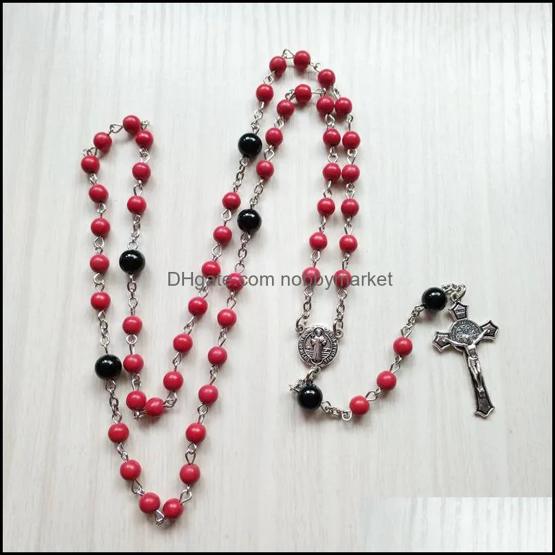 Catholic Cross Jewelry Red Stone Long Women Rosary Necklace