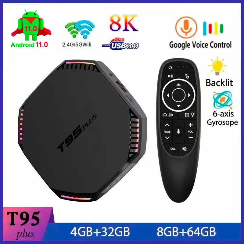 T95 Plus Android 11.0 Smart TV Box 8G 64G RK3566 Quad Core 2.4G 5G Dual Band WiFi Bluetooth 4.0 Mediaspelare Android11 STB 4GB 32GB med G10S Pro Backlight Voice Controller