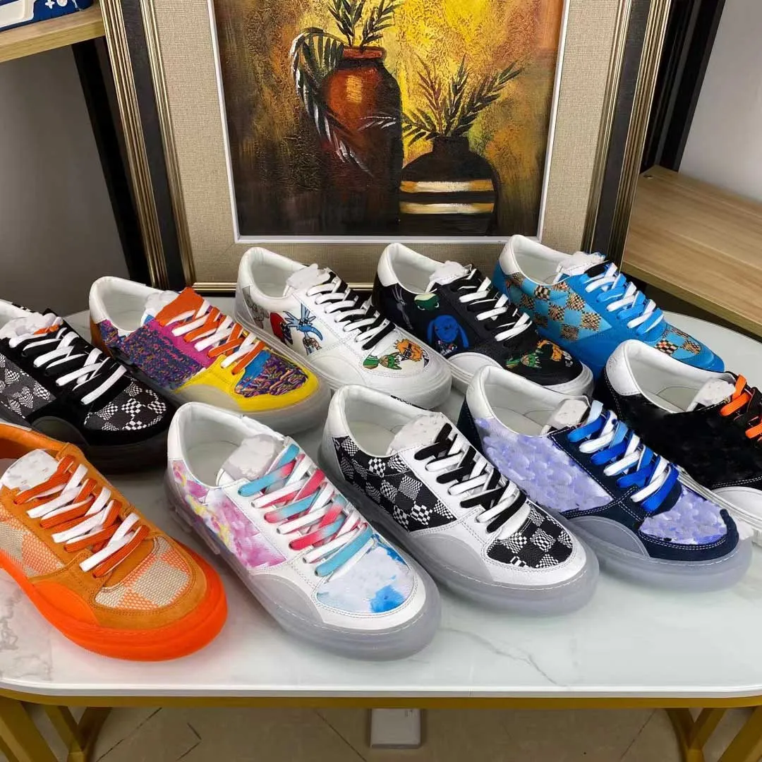 Designer-Herren-Freizeitschuhe, hochwertige Graffiti-Flats-Turnschuhe, Aquarell-Blumen-Trainer, Schnür-Gingham-Plattform-Schuh, Checker-Herren-Sneaker, Box 38–45