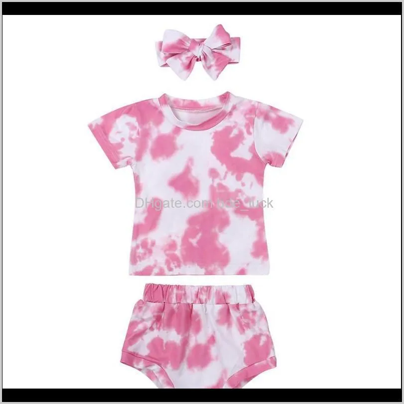 Newborn Baby Girls Clothes Tie Dyeing Gradient Printing 3-piece Outfit Set Short Sleeve Tie-dye Print Top+Shorts+Headband Set