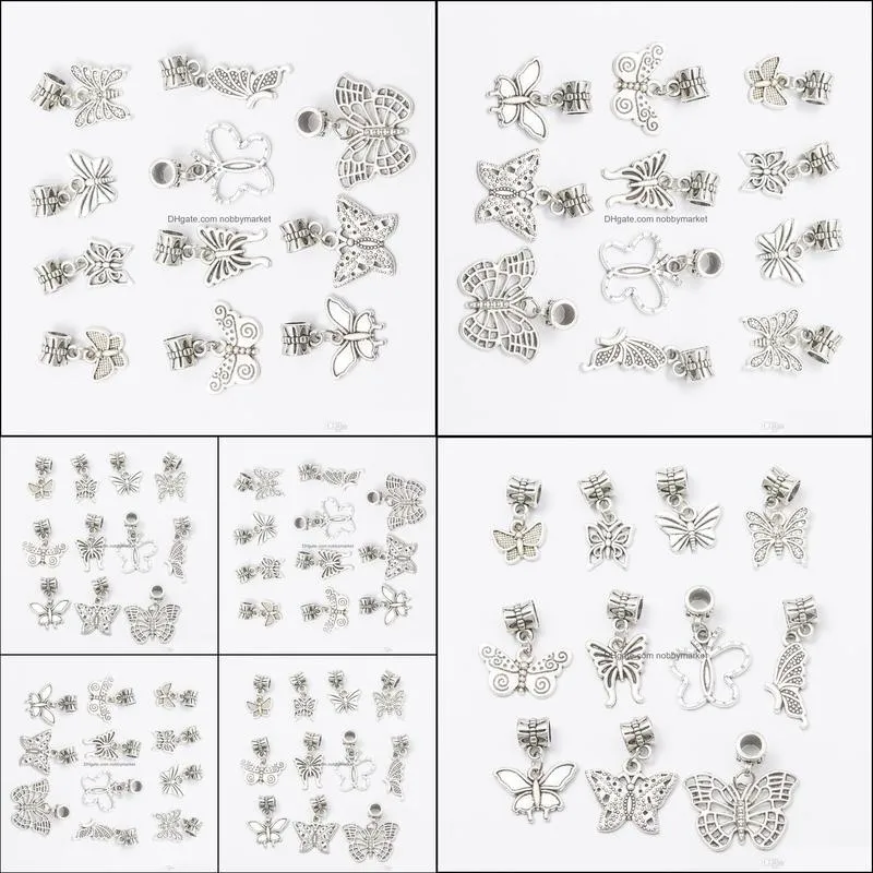 100pcs/lot 11styles Butterfly Dangle Big Hole Beads Tibetan Silver Fit European Charm Bracelet Loose Bead DIY Metals