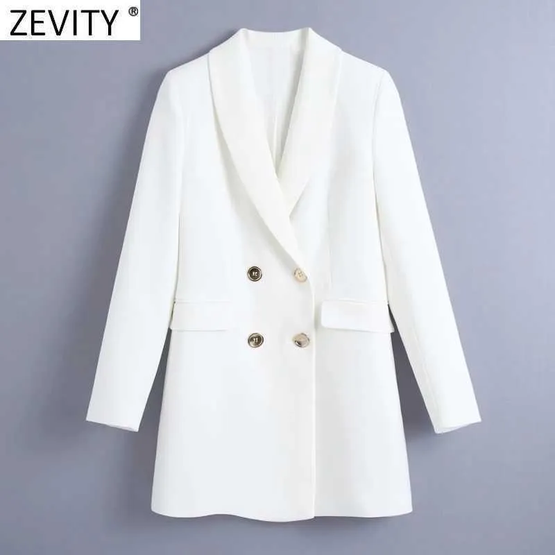 Zevity Femmes Mode Col Cranté Double Boutonnage Solide Ajustement Blazer Manteau Bureau Dames BusinLong Costumes Chic Tops CT698 X0721