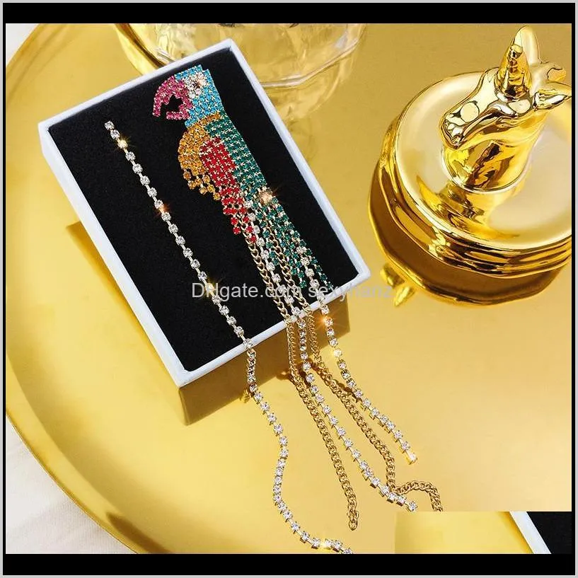 fyuan long tassel crystal asymmetry earrings for women colorful parrot drop earrings wedding jewelry gifts