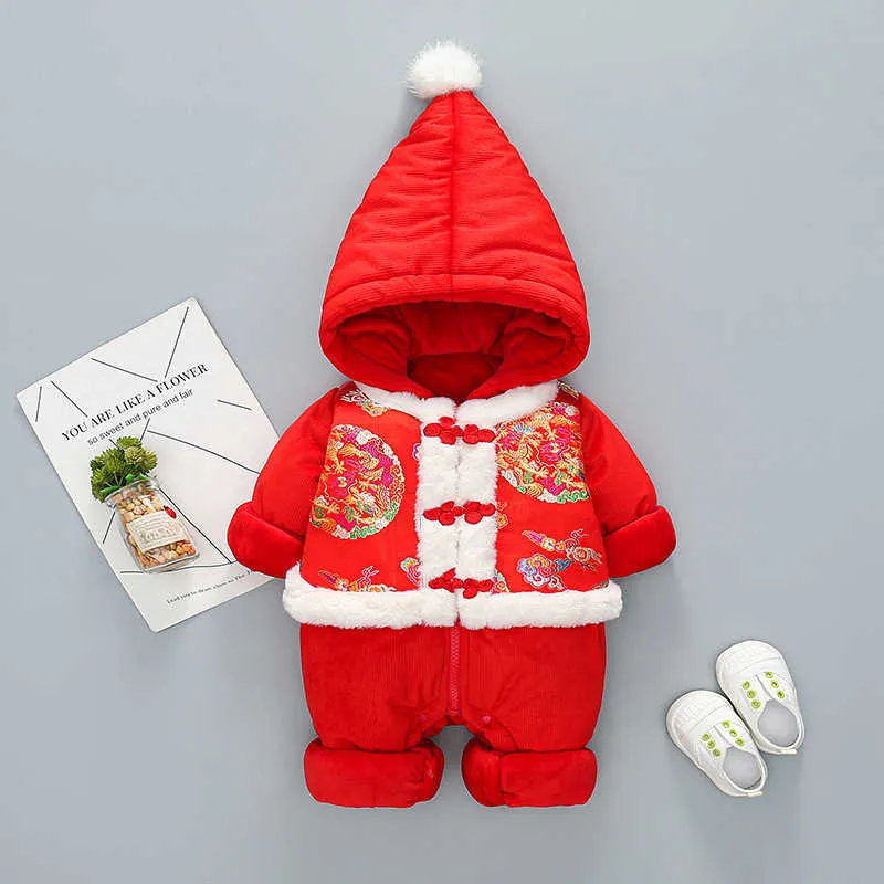 Baby Year Clothes Winter Kid's Clothing Infant Thicken Hooded Jumpsuit For Girls Spring Festival Red Fur Rompers 210529