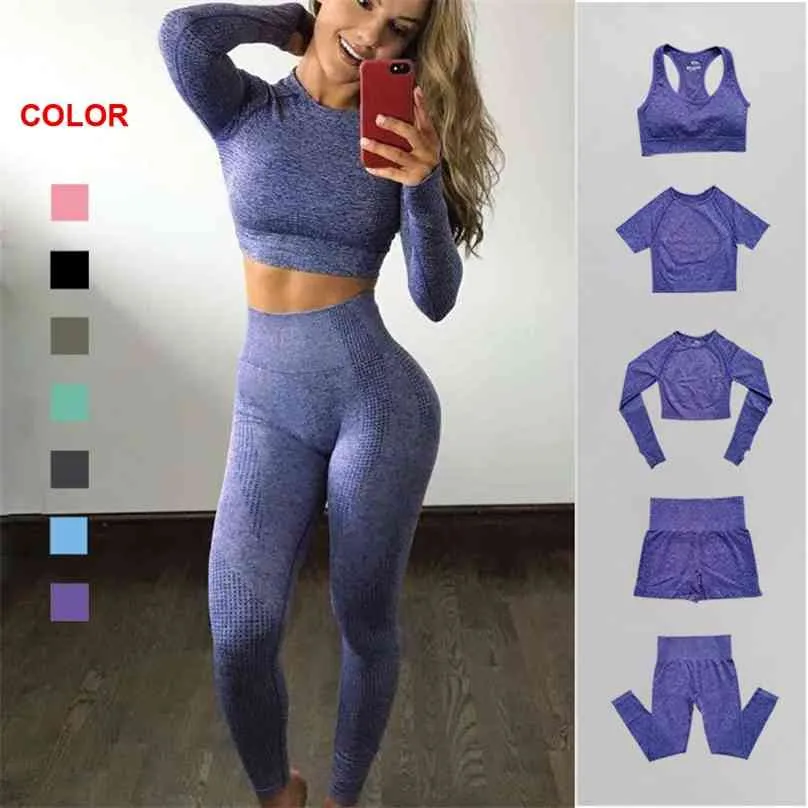 2/3 / 5pcs sömlösa kvinnor yoga uppsättning gym kläder fitness leggings beskärda skjortor sport kostym långärmad tracksuit aktivt slitage 210802