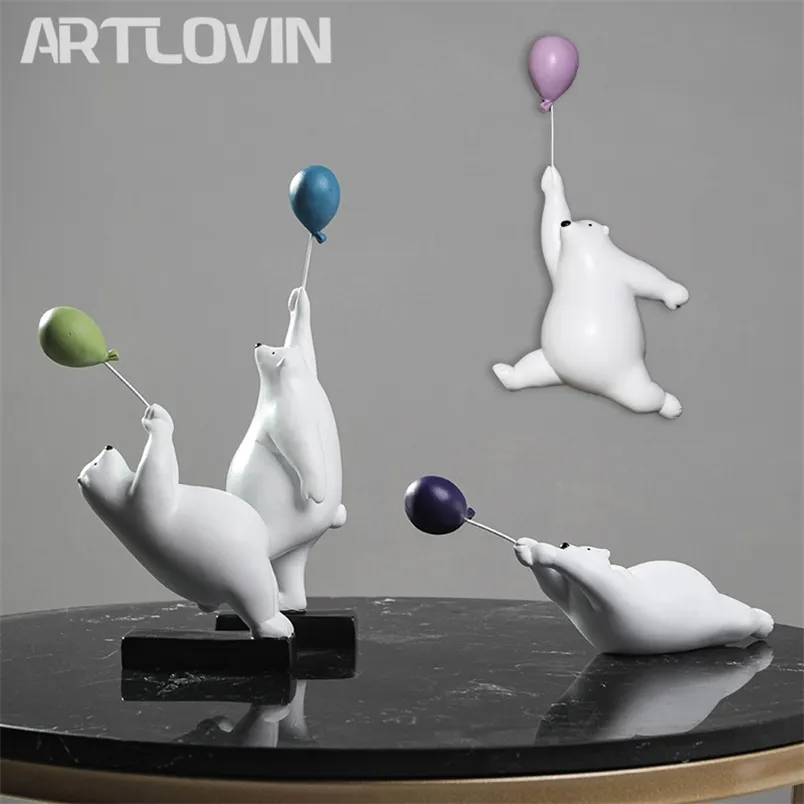 ARTLOVIN Creative Flying Bear Figurines Balloon Polar Bears Figure Home Wall Mount Decoration Resin Modern Gift for Boy/Man/Kids 210910