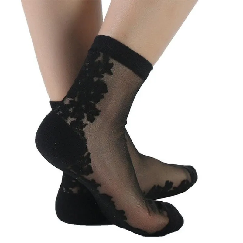 Women Ultrathin Transparent Socks Glitter Crystal Glass Silk Beautiful Lace Shiny Elastic Short Meias & Hosiery