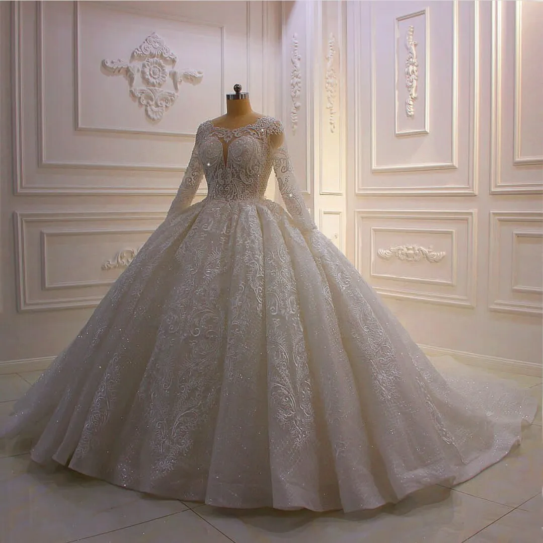 Luxury Lace Ball Gown Wedding Dresses Long Sleeve Beaded Arabic Bridal Gowns Cathedral Train Plus Size 2021252E