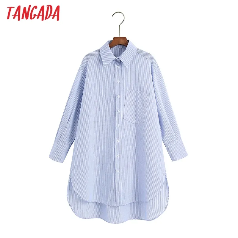 Camicia classica oversize a righe da donna Colletto rovesciato Manica lunga Chic Top casual femminile Blusas 6Z62 210416