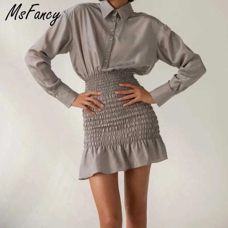 Msfancy été coréen jupe ensembles femmes à manches longues simple boutonnage chemise taille haute élastique sirène jupe Mujer 2 pièces 210604