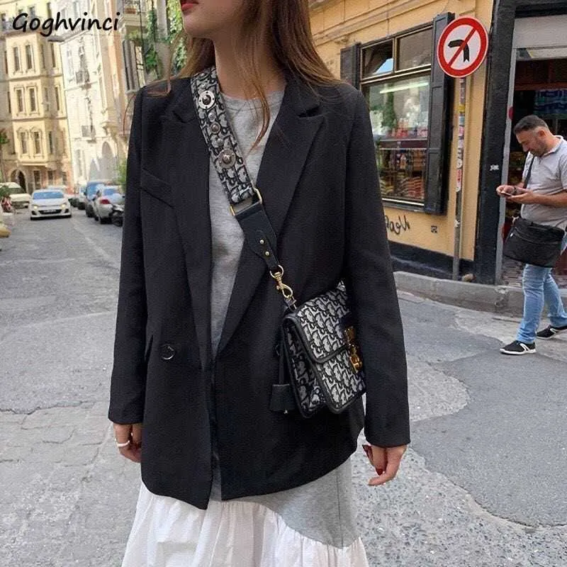 Kvinnor Blazers Solid Notched Fashion Chic Korean Loose Double Breasted Elegant Temperament Nya Kläder Ulzzang Retro All-Match X0721