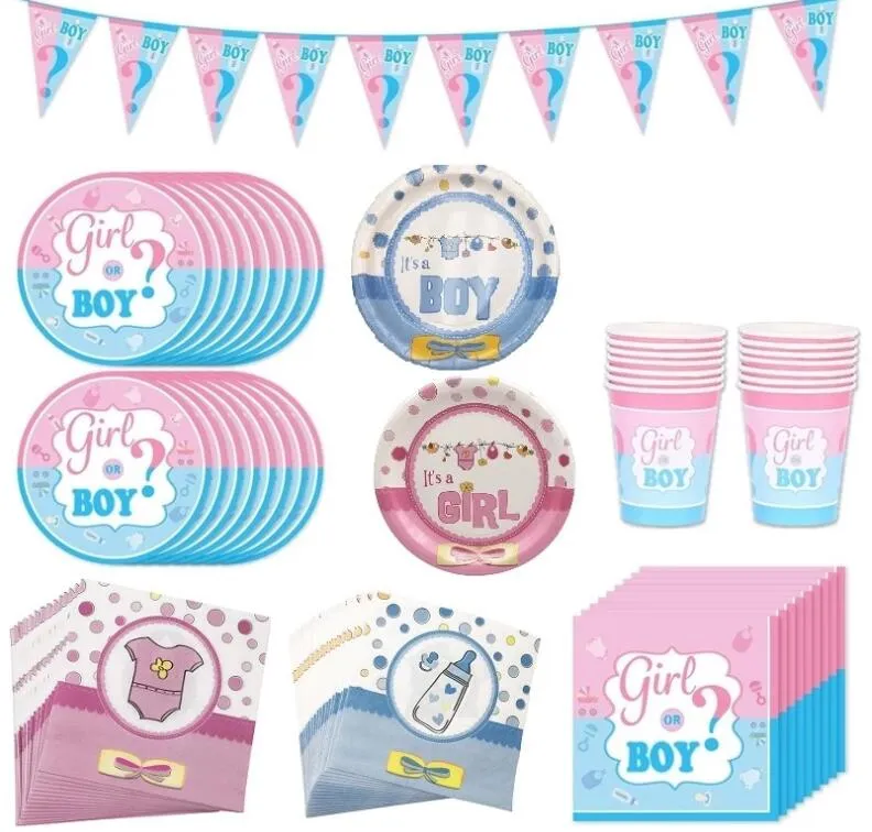 Party Decoration Supplies Geslacht Onthullen Jongen of Meisjes Platen Servetten Cups Rietjes Banner Tafelkleed Sets voor Baby Shower Verjaardag Decoraties