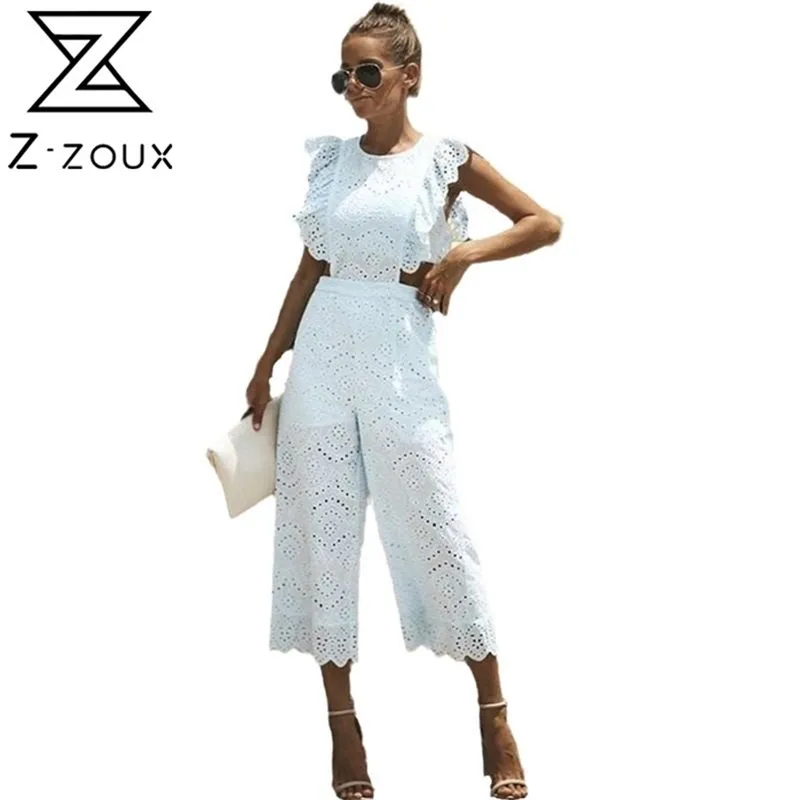 Mulheres Jumpsuit O Neck Sem Mangas Macacões Womens Hollow Out Wide Leg Loose Casual Verão Branco S 210513