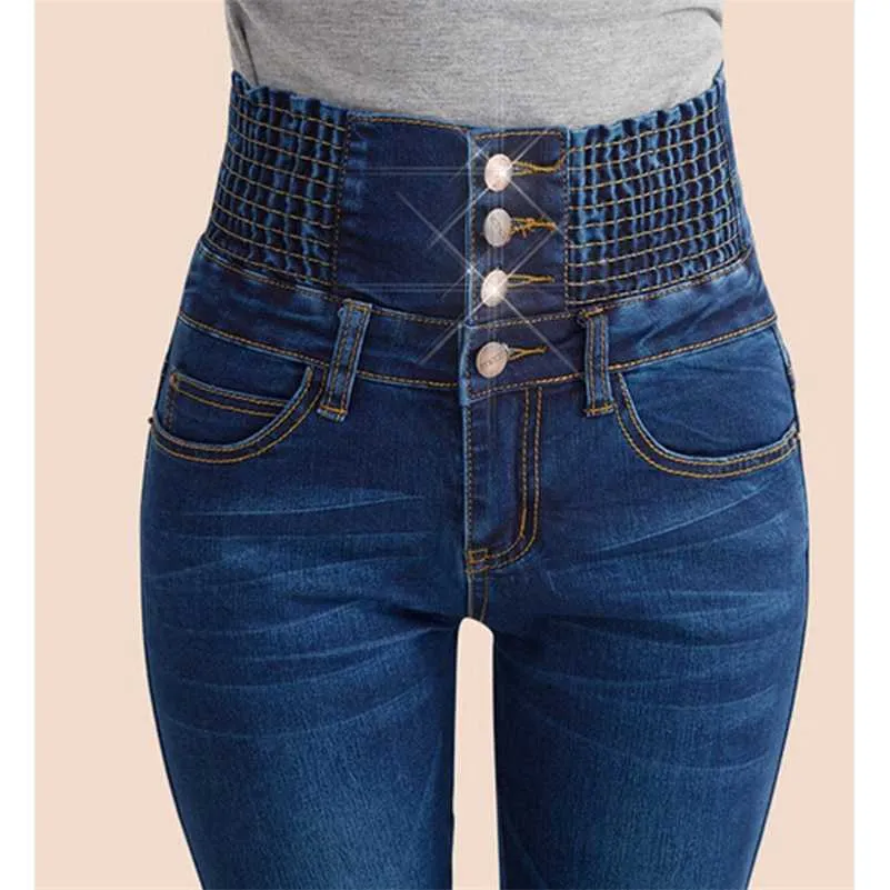 Moda mujer pantalones de mezclilla elástico cintura alta flaco estiramiento jean hembra primavera / otoño jeans pies pantalones mujer más tamaño 211104