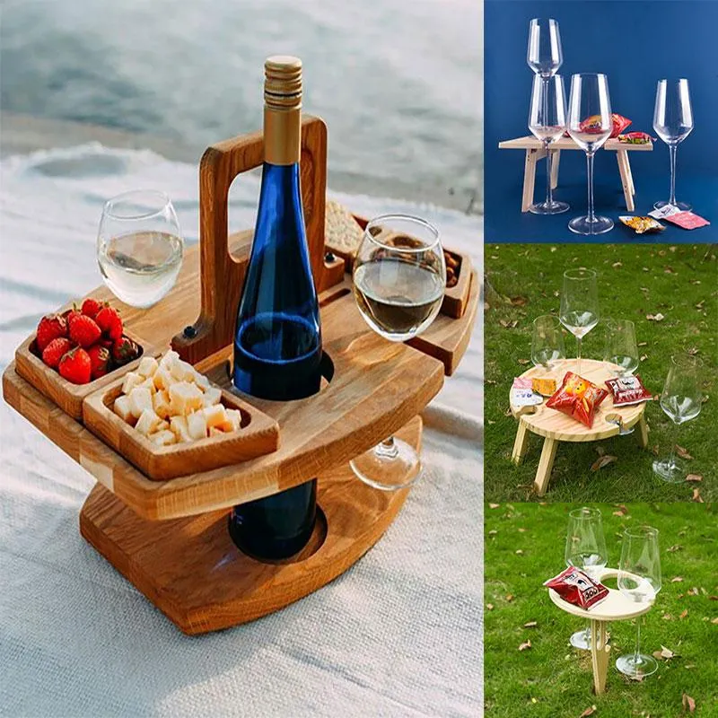 Camp Furniture Outdoor Tables Wooden Folding Picnic Table With Glass Holder Round Foldable Desk Wine Rack Collapsible Snack Tray