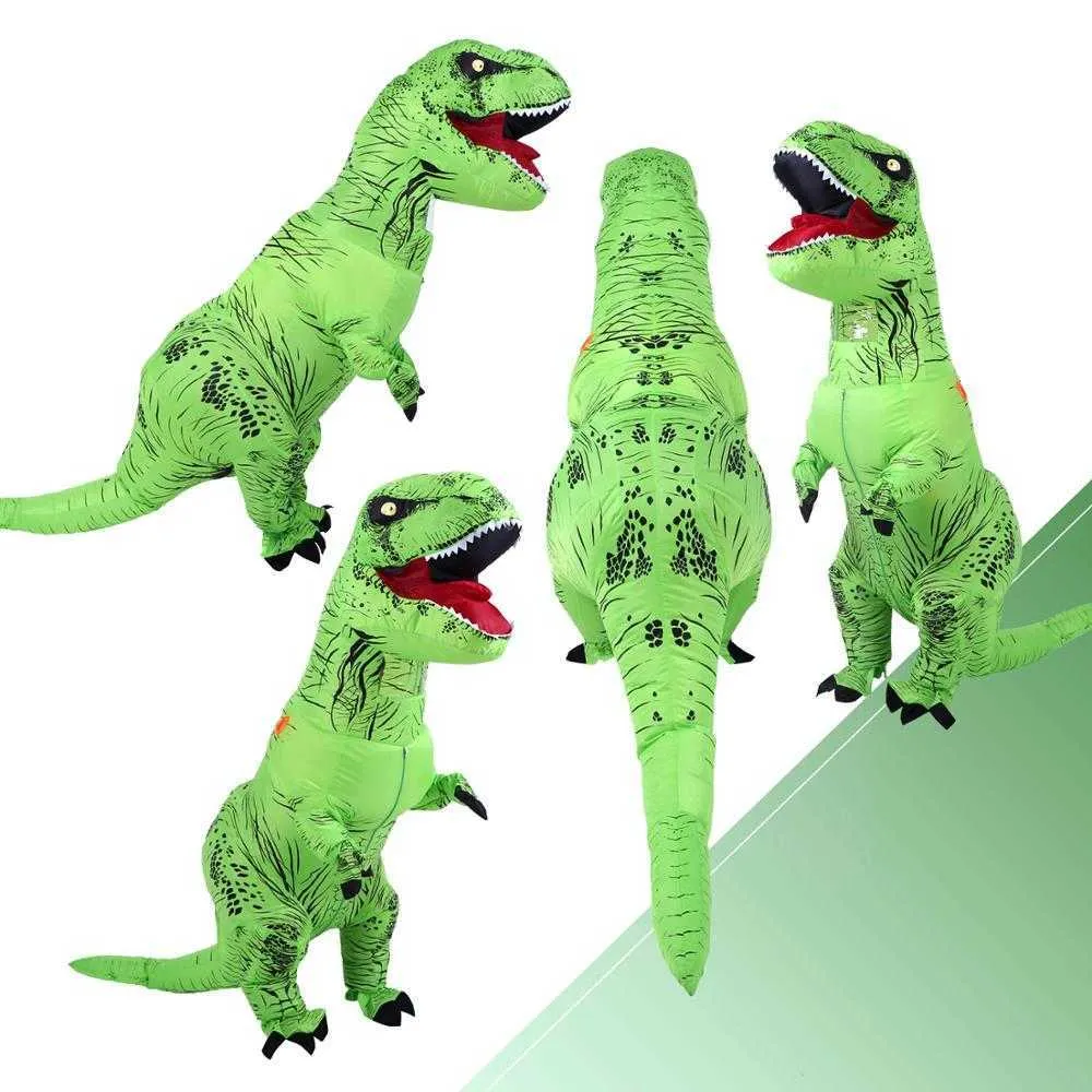 Traje Inflável Dinossauro Verde Trajes T Rex Explodir Fantasia Vestido Mascote Cosplay Traje para Homens Mulheres Dino Dino Q0910