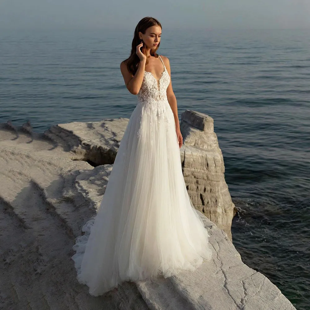 Date Cross Strap Plage Robes De Mariée Appliques Florales Robe De Mariée Perle Tiere Tulle D'été Robe De Mari￩e