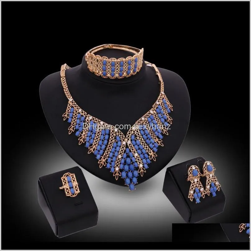 LEVERING 2021 Luxe Royal Style Blue Beads Wedding Sets 18K Vergulde Party Sieraden 4 Stuk Set Groothandel Drop FHNVI